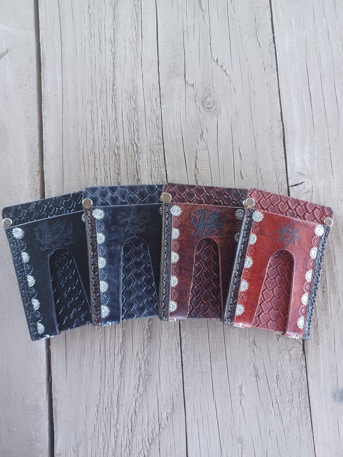 Hand-tooled leather money clip wallets